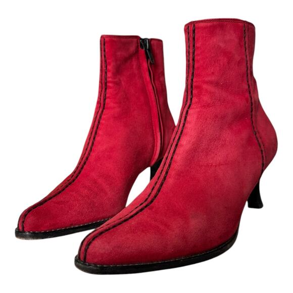 Vintage Bally Red Suede Stitch Detail Ankle Boots 5M Made in Italy Kitten Heel - Picture 1 of 13